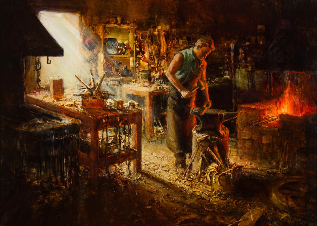 Buck McCain, "The Blacksmith": Buck McCain (b. 1943), "The Blacksmith", Oil on board, 24 x 33 inches, Shipping Dimensions: 35 x 44 x 4 inches - 35 lbs. Signed lower right Signed and dated 07 verso