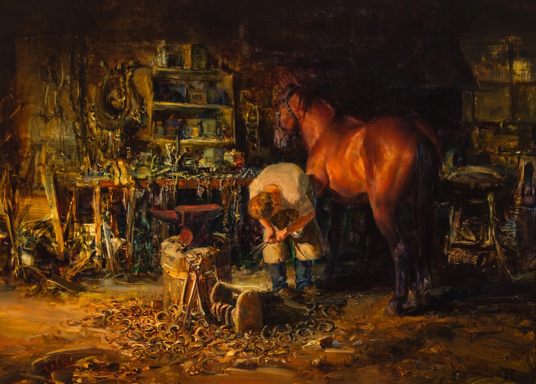 Buck McCain, "The Horseshoer": Buck McCain (b. 1943), "The Horseshoer", Oil on board, 24 x 33, Shipping Dimensions: 34 x 43 x 4 inches - 38 lbs. Signed and dated 06 lower right Signed and dated 2006 verso
