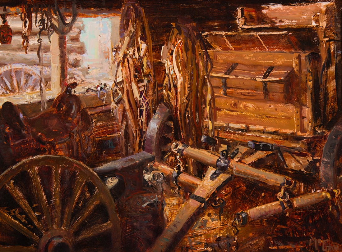Buck McCain, "The Tack Room": Buck McCain (b. 1943), "The Tack Room", Oil on board, 12 x 16 inches, Shipping Dimensions: 18 x 22 x 3 inches Signed lower right Signed, titled, and dated Oct 09 verso