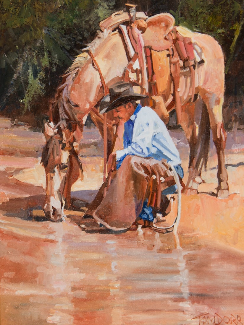 Tom Dorr, "Finally Getting a Drink": Tom Dorr (b. 1950), "Finally Getting a Drink", Oil on canvas, 16 x 12 inches, Shipping Dimensions: 24 x 20 x 3 inches Signed lower right