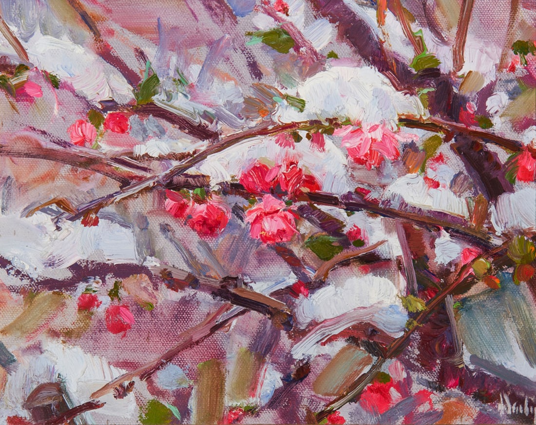 Mark Daily, "Spring, Snow": Mark Daily (b. 1944), "Spring, Snow", Oil on board, 8 x 10 inches, Shipping Dimensions: 13 x 15 x 3 inches Signed lower right Signed and dated 94 verso