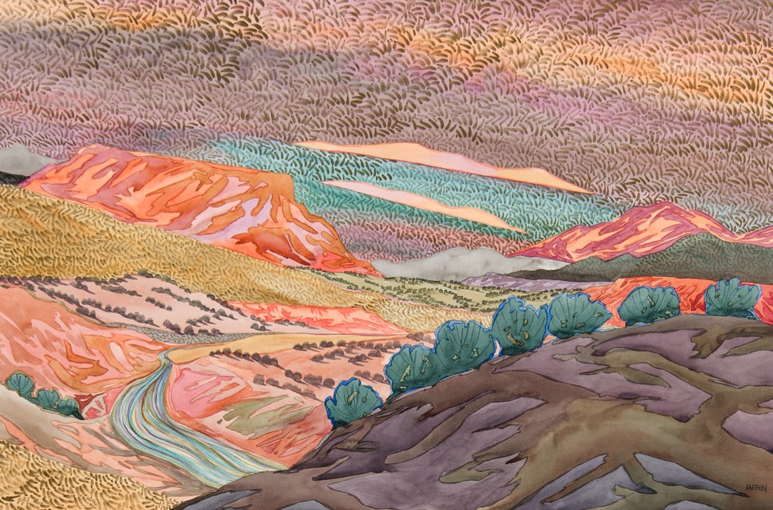 Fran Larsen, "The Pecos Below": Fran Larsen (b. 1937), "The Pecos Below", Watercolor, 20 x 30 inches, Shipping Dimensions: 32 x 42 x 3 inches Signed lower right; Artist painted frame