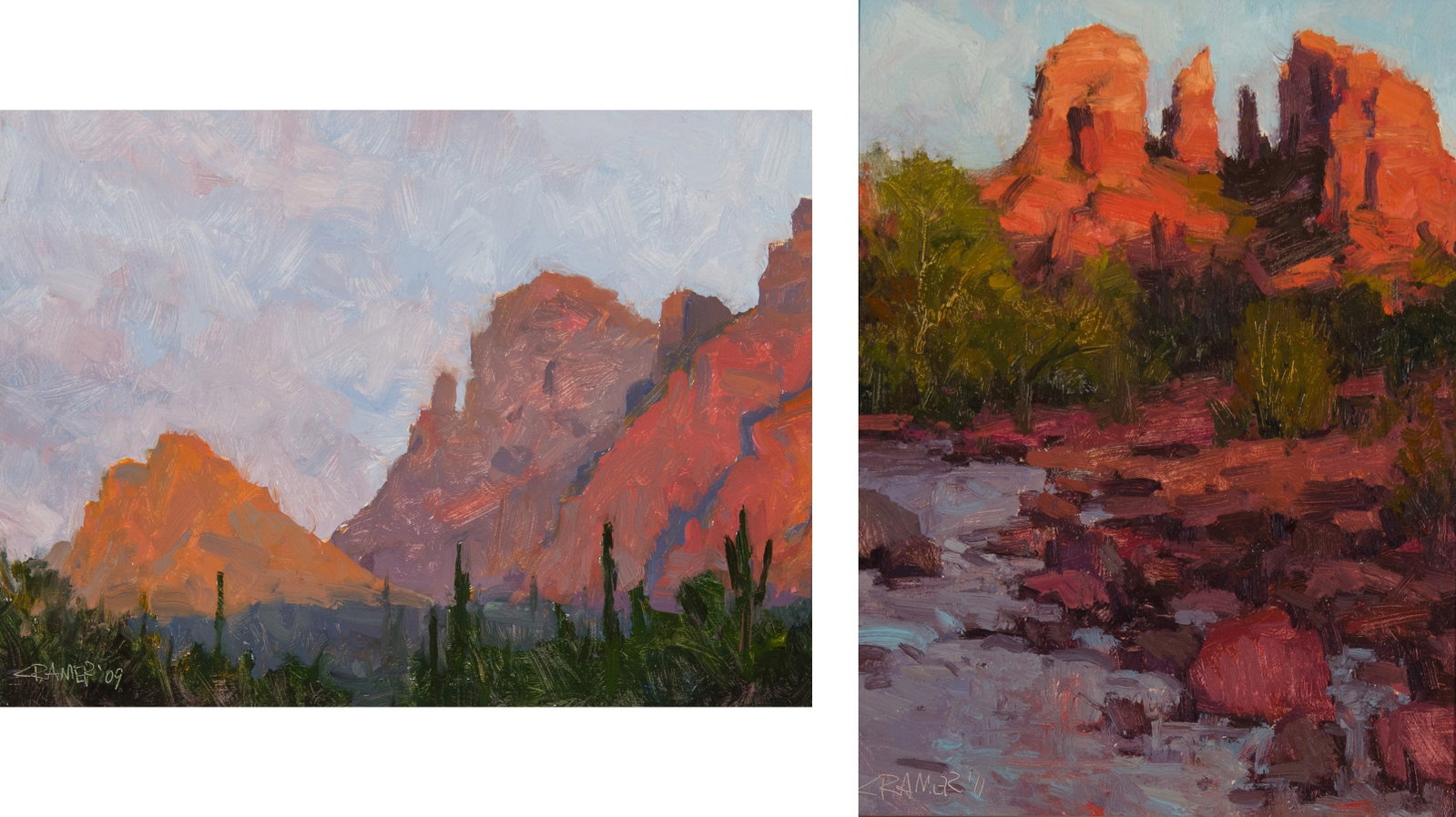 Bill Cramer, "Set of two (2): Sunrise at the Superstitions; Sedona Cathedral": Bill Cramer (b. 1960), "Set of two (2): Sunrise at the Superstitions; Sedona Cathedral", Oil on board (both), 9 x 12 inches; 12 x 9 inches, Shipping Dimensions: 17 1/2 x 20 1/2; 19 1/2 x 16 1/2