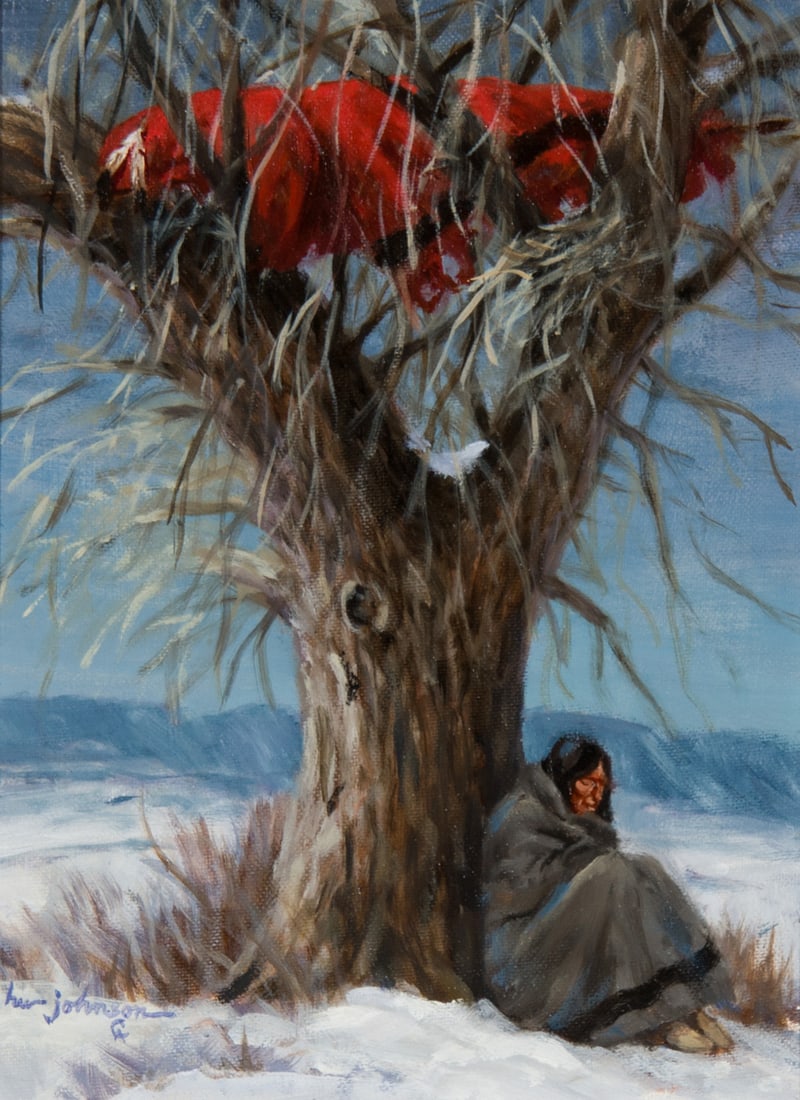 Harvey Johnson, "Untitled (Winter shelter)": Harvey Johnson (1921-2005), "Untitled (Winter shelter)", Oil on board, 12 x 9 inches, Shipping Dimensions: 21 x 18 x 3 inches Signed/CA lower left