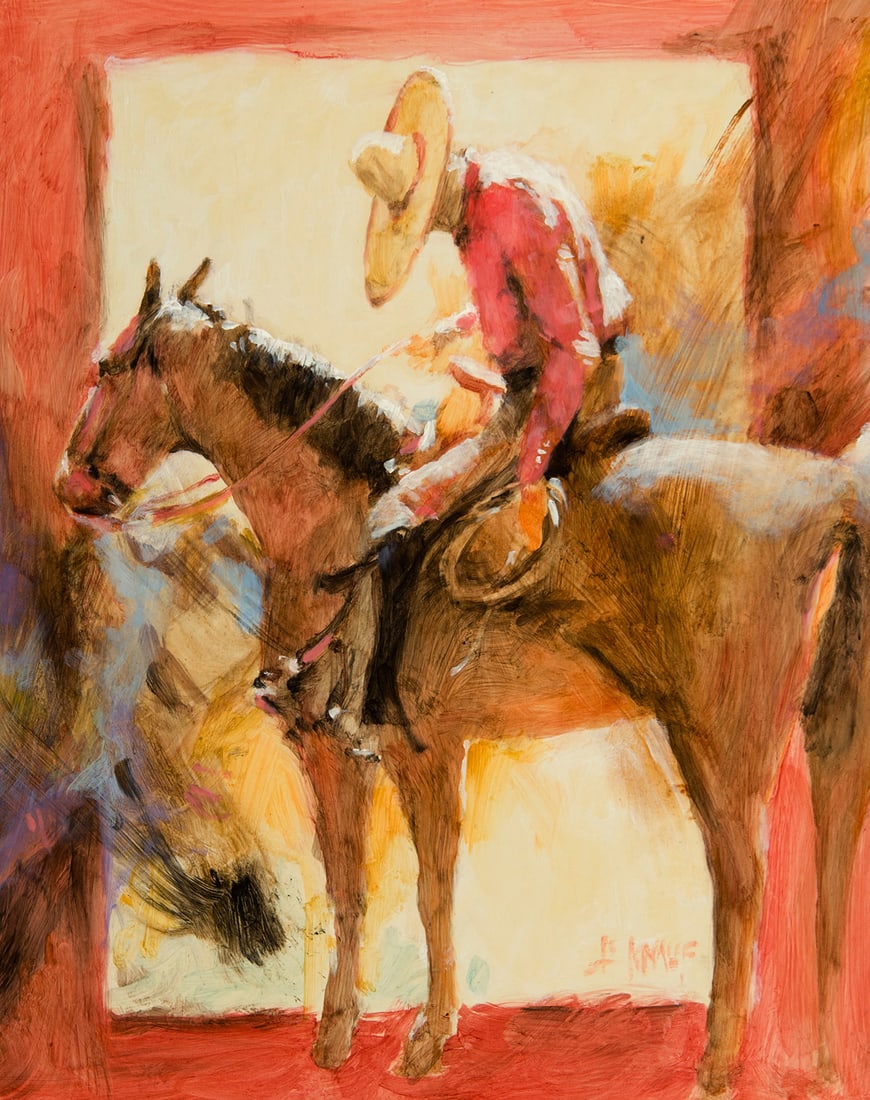 J E Knauf, "Spur Check": J E Knauf (b. 1948), "Spur Check", Acrylic on board, 20 x 16 inches, Shipping Dimensions: 26 x 22 x 3 inches Signed lower right