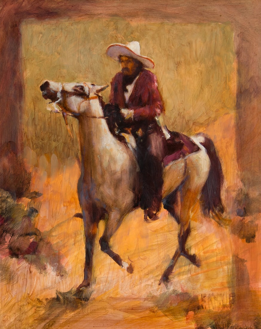 J E Knauf, "Mounted Vaquero": J E Knauf (b. 1948), "Mounted Vaquero", Acrylic on board, 20 x 16 inches, Shipping Dimensions: 30 x 26 x 3 inches Signed lower right