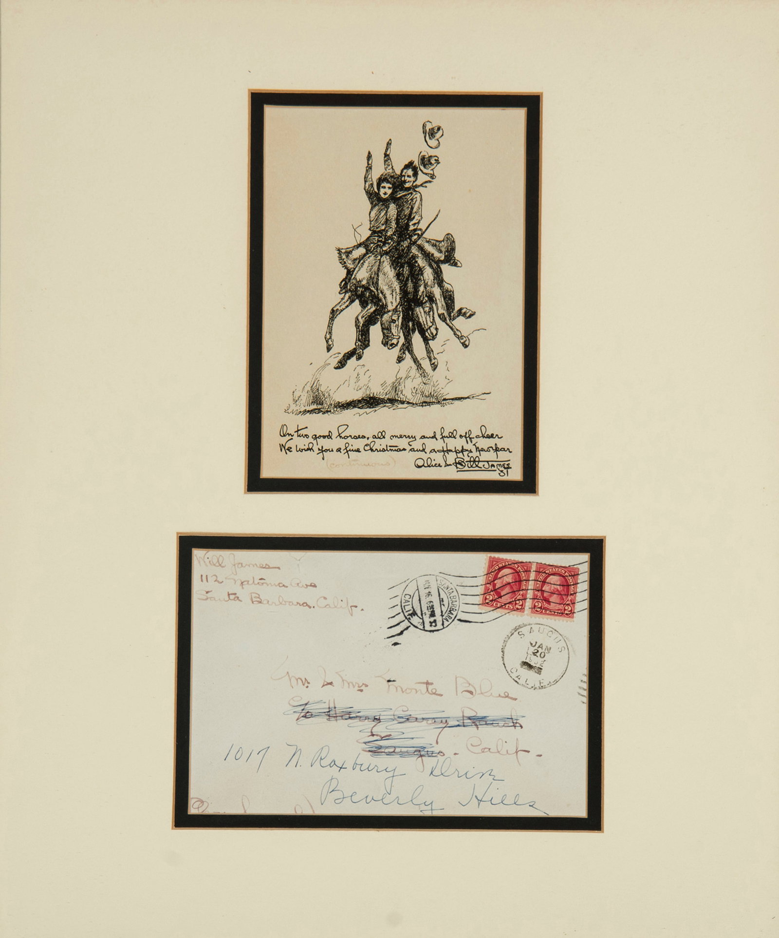 Will James, "Lithograph and Letter with Sketches (an original envelopes)": Will James (1892-1942), "Lithograph and Letter with Sketches (an original envelopes)", Pen & Ink, Litho: 6 1/2 x 4 1/2 inches; Letter: 11 x 8 1/2 inches, Shipping Dimensions: Litho: 18 x 15 inches; Le