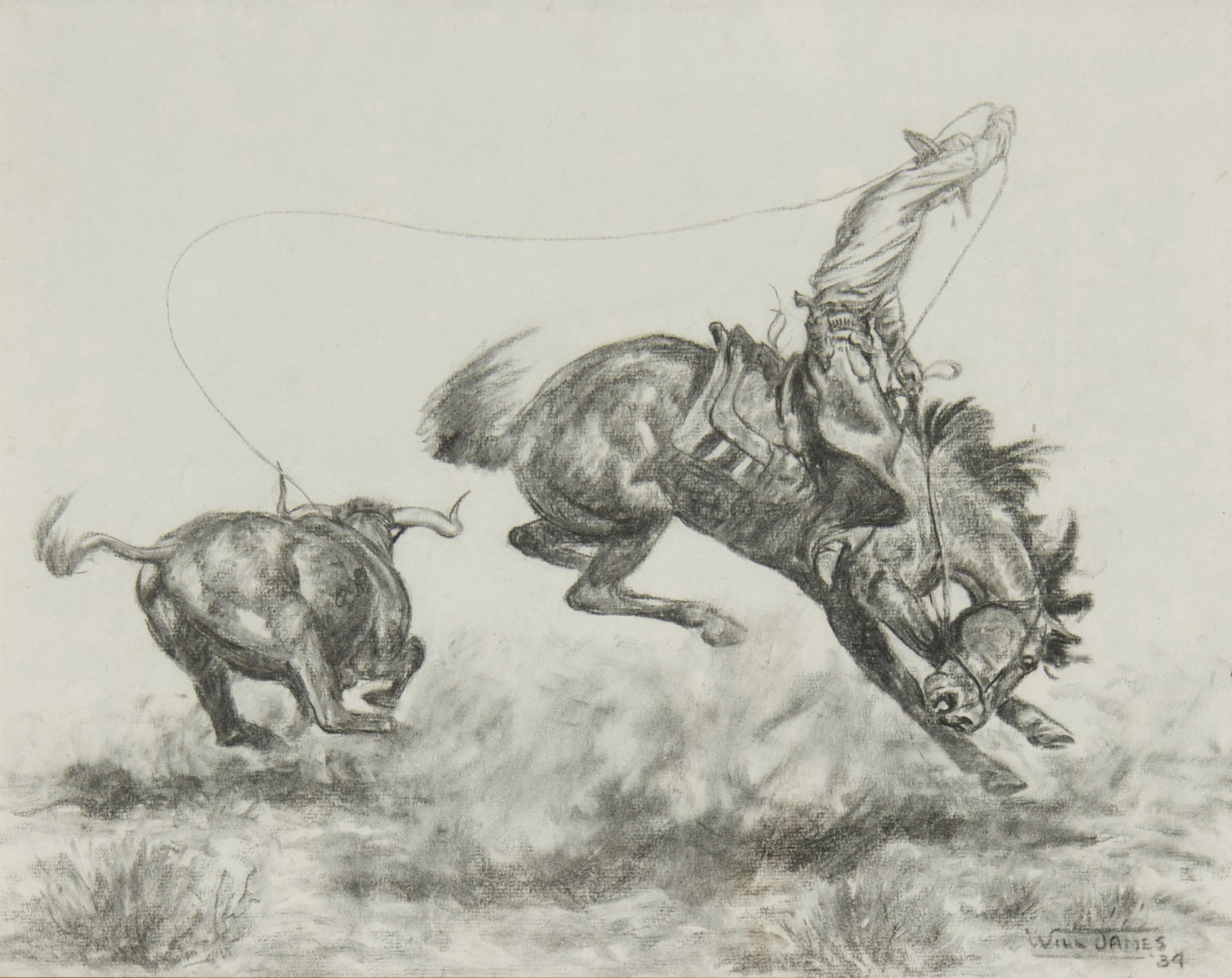 Will James, "In the Saddle with Uncle Bill": Will James (1892-1942), "In the Saddle with Uncle Bill", Graphite, 14 x 17 3/4 inches, Shipping Dimensions: 24 x 28 x 3 inches Signed and dated lower right