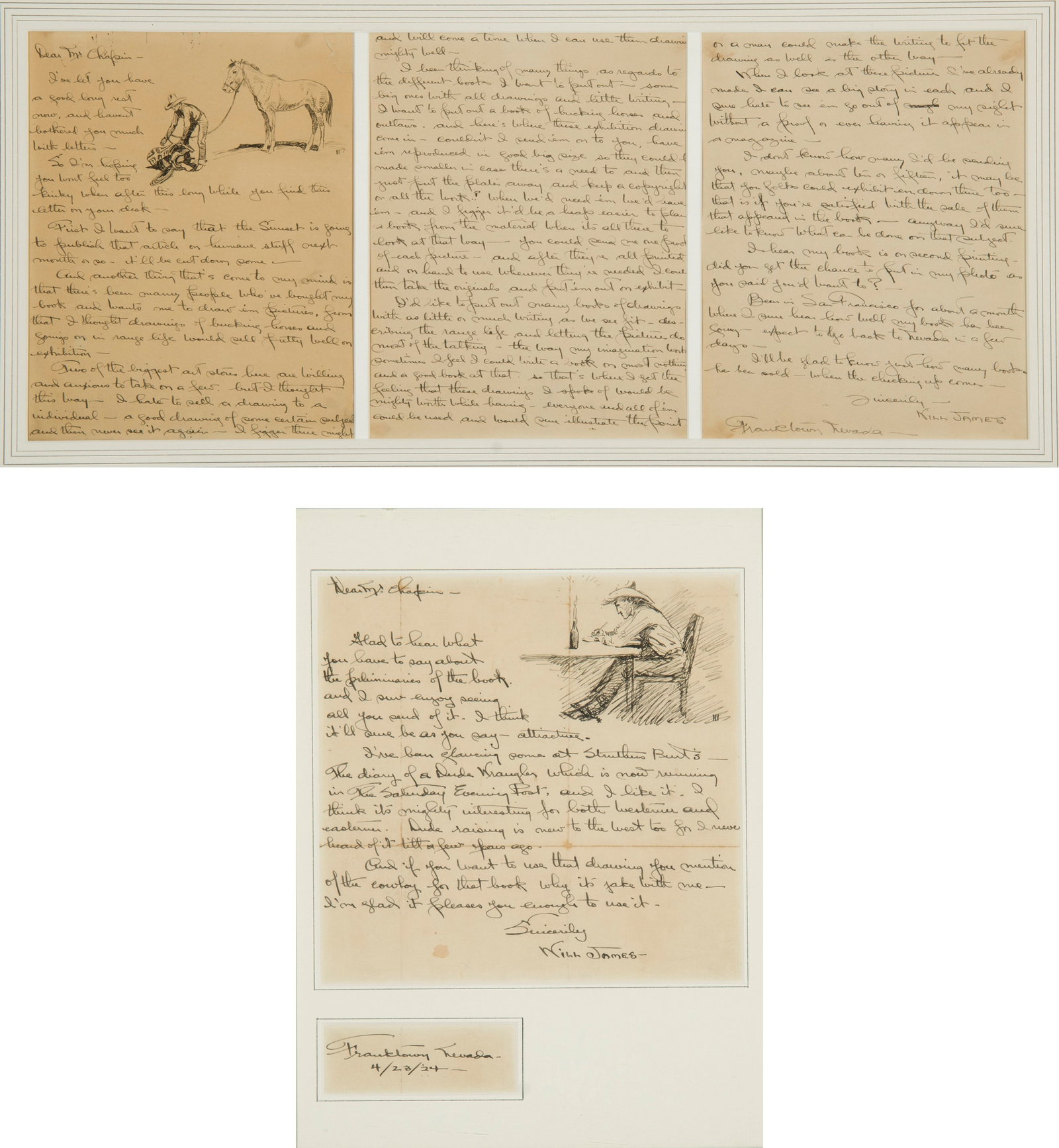 Will James, "Set of two (2): Letters": Will James (1892-1942), "Set of two (2): Letters", Pen & Ink, 10 x 7 1/2 inches (3); 7 1/2 x 8 inches, Shipping Dimensions: 18 x 32 inches; 20 x 17 inches Each signed lower right