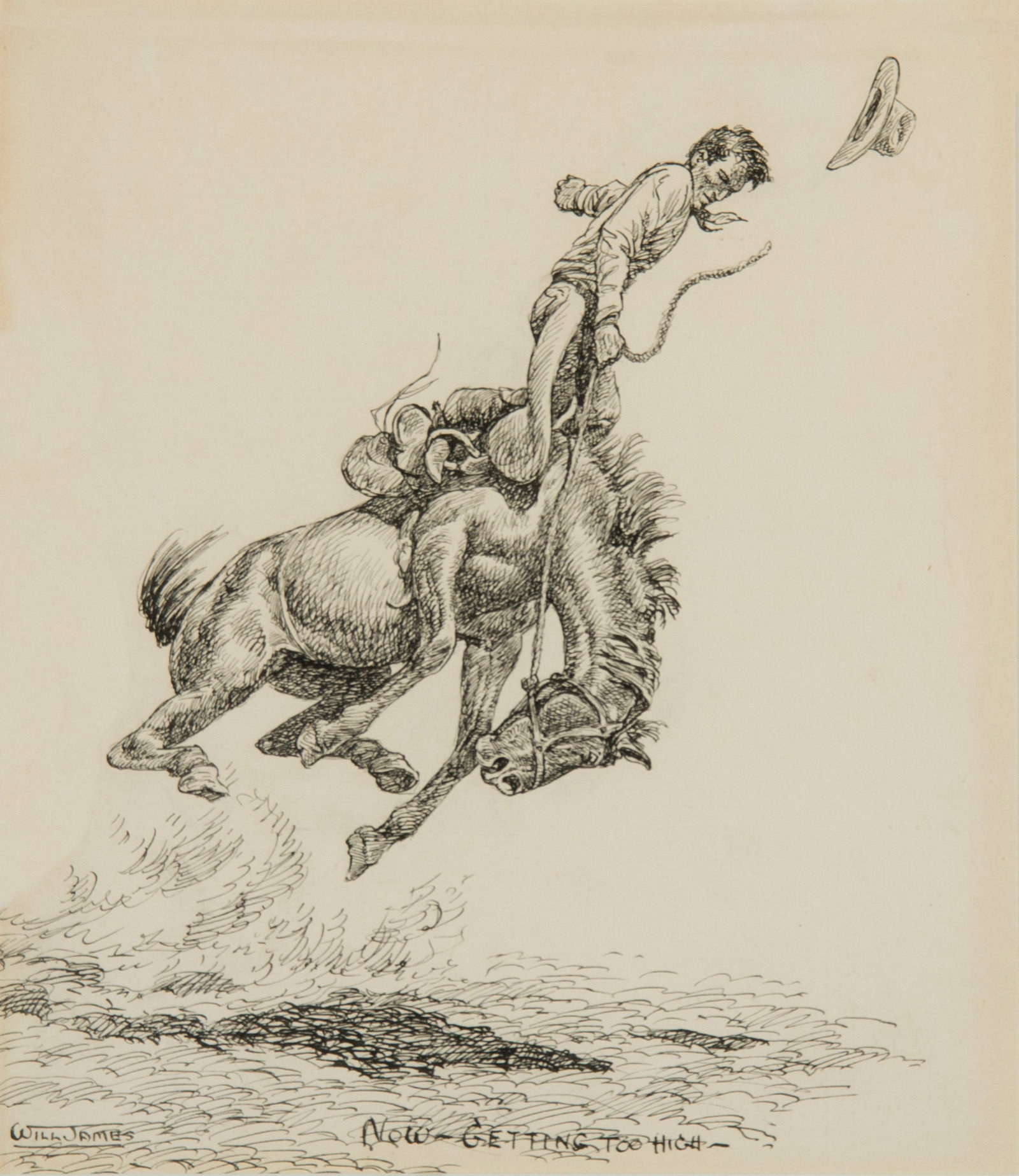 Will James, "Now - Getting Too High": Will James (1892-1942), "Now - Getting Too High", Pen & Ink, 9 1/4 x 8 inches, Shipping Dimensions: 19 x 17 x 3 inches Signed lower left; titled lower middle