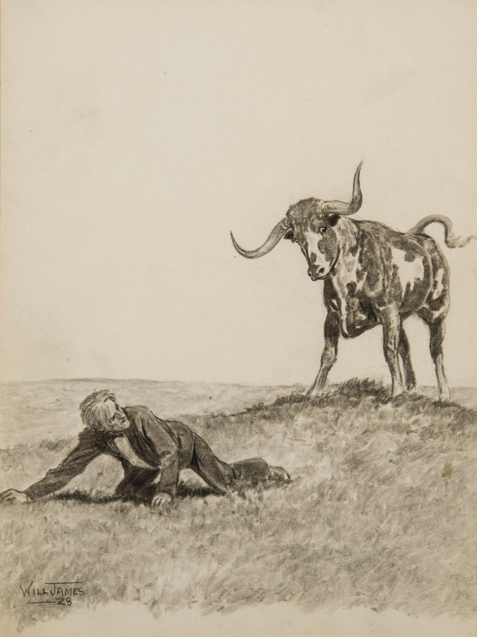 Will James, "A Big Steer, More Wicked Looking Than Any Bull He'd Ever Seen": Will James (1892-1942), "A Big Steer, More Wicked Looking Than Any Bull He'd Ever Seen", Graphite, 13 x 9 3/4 inches, Shipping Dimensions: 23 x 20 x 3 inches Signed dated 28 lower left