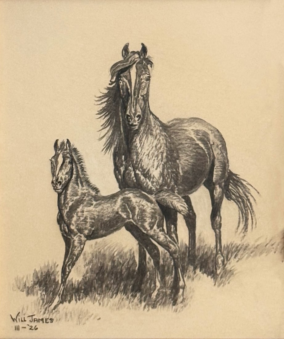 Will James, "Smoky and his Mammy": Will James (1892-1942), "Smoky and his Mammy", Graphite, 13 x 11 inches, Shipping Dimensions: 25 x 22 x 3 inches Signed and dated 26 lower left Inscribed by artist (and wife) verso. Autry Museum Exhib