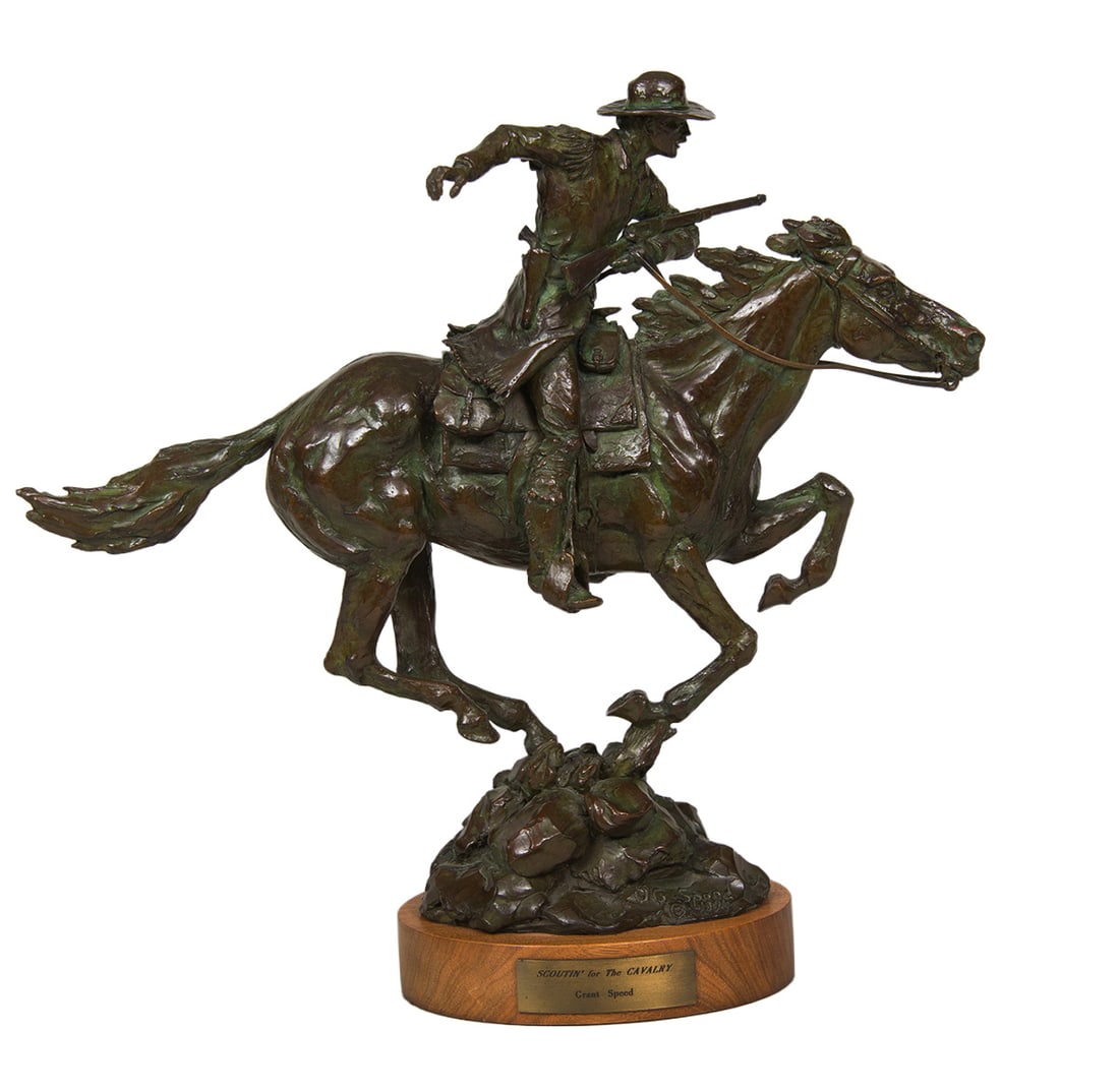 Grant Speed, "Scoutinâ€™ for the Cavalry": Grant Speed (1930-2011), "Scoutin’ for the Cavalry", Bronze, cast 1/30, 18 1/2 inches overall height, Shipping Dimensions: 18.5 x 19.5 x 6.5 inches - 29 lbs. Signed/CA and dated 1994