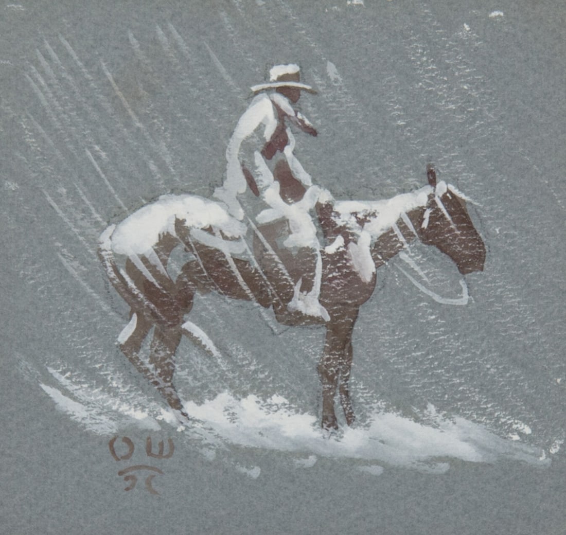 Olaf Wieghorst, "Cowboy on Horse in Blizard": Olaf Wieghorst (1899-1988), "Cowboy on Horse in Blizard", Gouache, 4 x 4 1/4 inches, Shipping Dimensions: 14 x 12 x 3 inches Signed lower left
