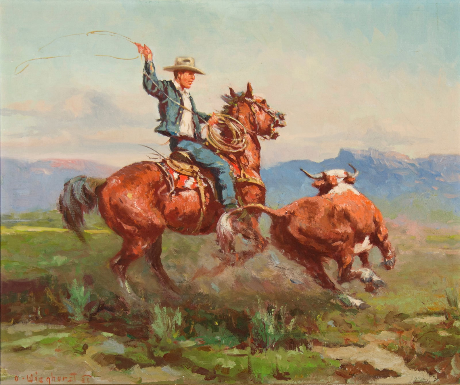Olaf Wieghorst, "The Cowboy": Olaf Wieghorst (1899-1988), "The Cowboy", Oil on canvas, 20 x 24 inches, Shipping Dimensions: 27 x 31 x 3 inches Signed lower left Signed and titled verso
