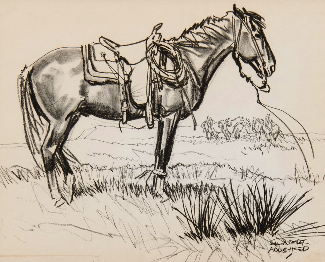 Robert Lougheed, "Chow Time": Robert Lougheed (1910-1982), "Chow Time", Charcoal, 8 x 10 inches, Shipping Dimensions: 16 x 18 x 3 inches Signed lower right Signed and titled verso