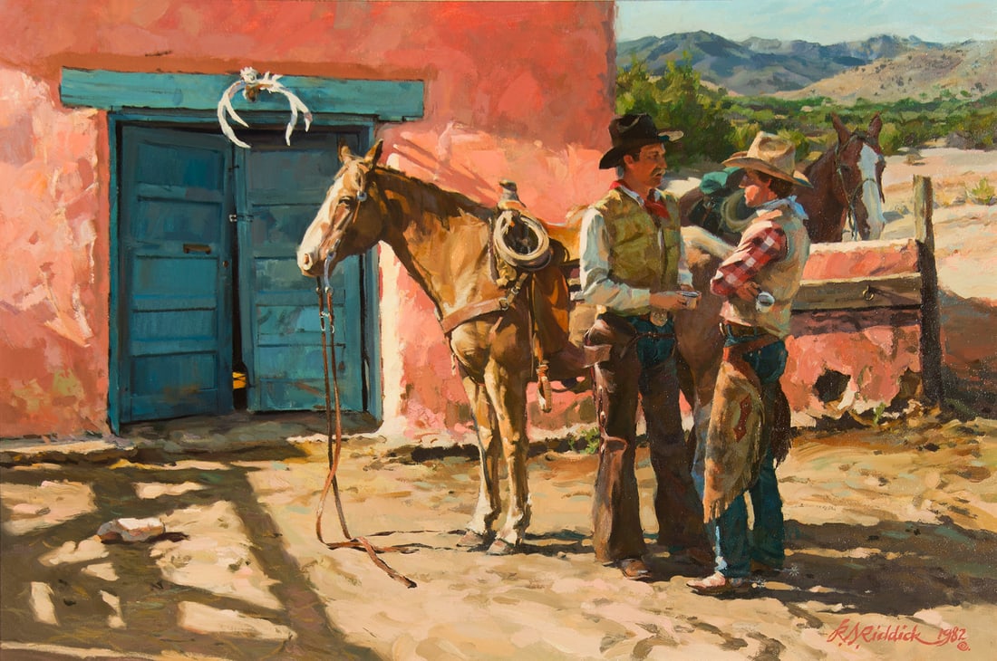 R.S. Riddick, "Line Camp": R.S. Riddick (b. 1952), "Line Camp", Oil on canvas, 24 x 36 inches, Shipping Dimensions: 35 x 47 x 3 inches Signed and dated 1982 lower right