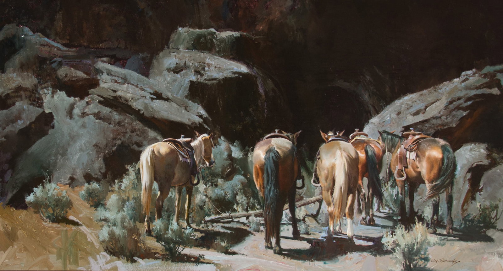 Oleg Stavrowsky, "Robbers Meet": Oleg Stavrowsky (1927-2020), "Robbers Meet", Oil on canvas, 40 x 72 inches, Shipping Dimensions: 50 x 82 x 3 inches Signed lower right Signed and titled verso