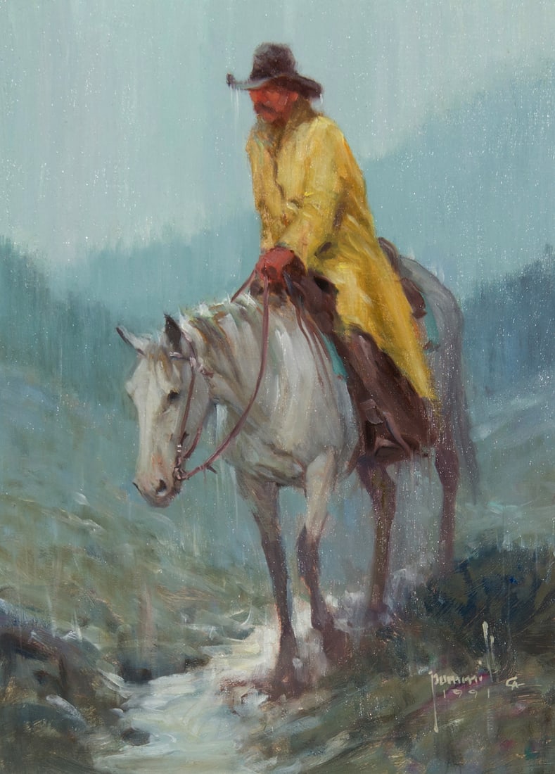 Robert Pummill, "Gully Washer": Robert Pummill (b. 1936), "Gully Washer", Oil on canvas, 12 x 9 inches, Shipping Dimensions: 21 x 18 x 3 inches Signed/CA and dated 1991 lower right
