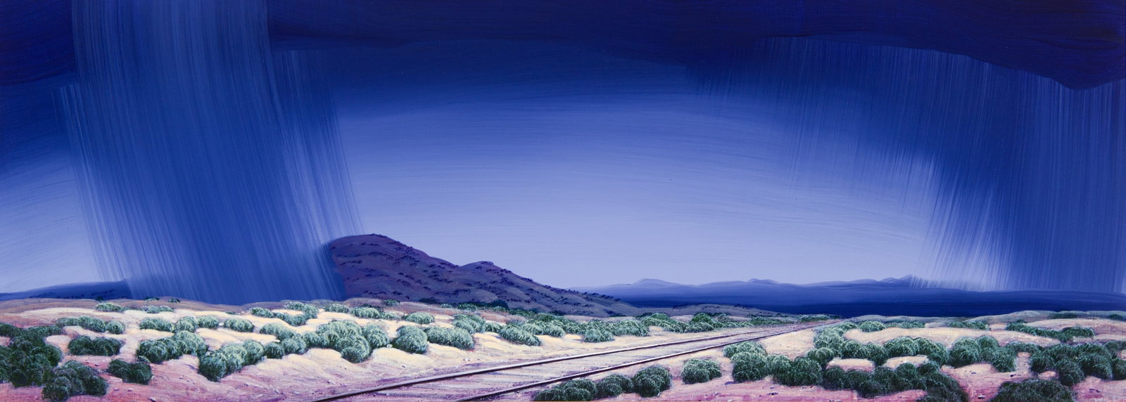 Phil Epp, "Leaving Lamy": Phil Epp (b. 1946), "Leaving Lamy", Acrylic on board, 15 x 40 inches, Shipping Dimensions: 18 x 43 x 3 inches Signed lower right Signed and titled verso