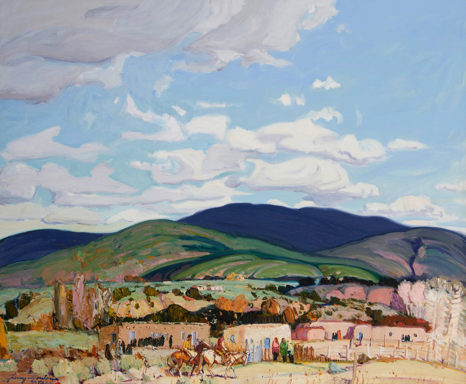 Jerry Jordan, "The Song of Taos Flows through the Air Whispering Sacred Melodies": Jerry Jordan (b. 1944), "The Song of Taos Flows through the Air Whispering Sacred Melodies", Oil on canvas, 30 x 36 inches, Shipping Dimensions: 35 x 41 x 3 inches Signed T.A.O.S. lower Left Signed, t