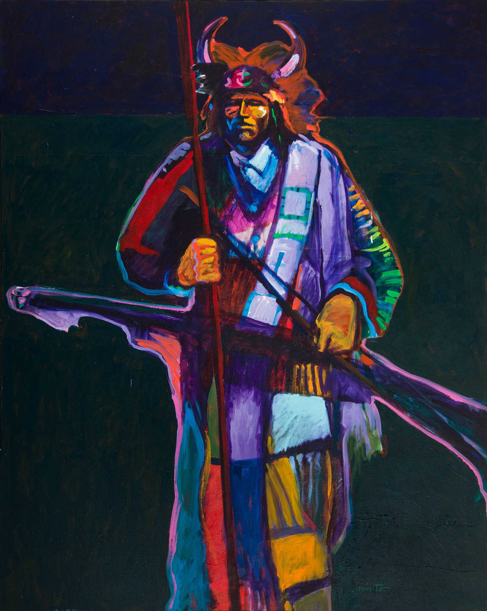 John Nieto, "Mescalero Apache with Beaded War Cap": John Nieto (1936-2018), "Mescalero Apache with Beaded War Cap", Acrylic on canvas, 60 x 48 inches, Shipping Dimensions: 61.5 x 49.5 x 3 inches Signed lower right Signed and titled verso