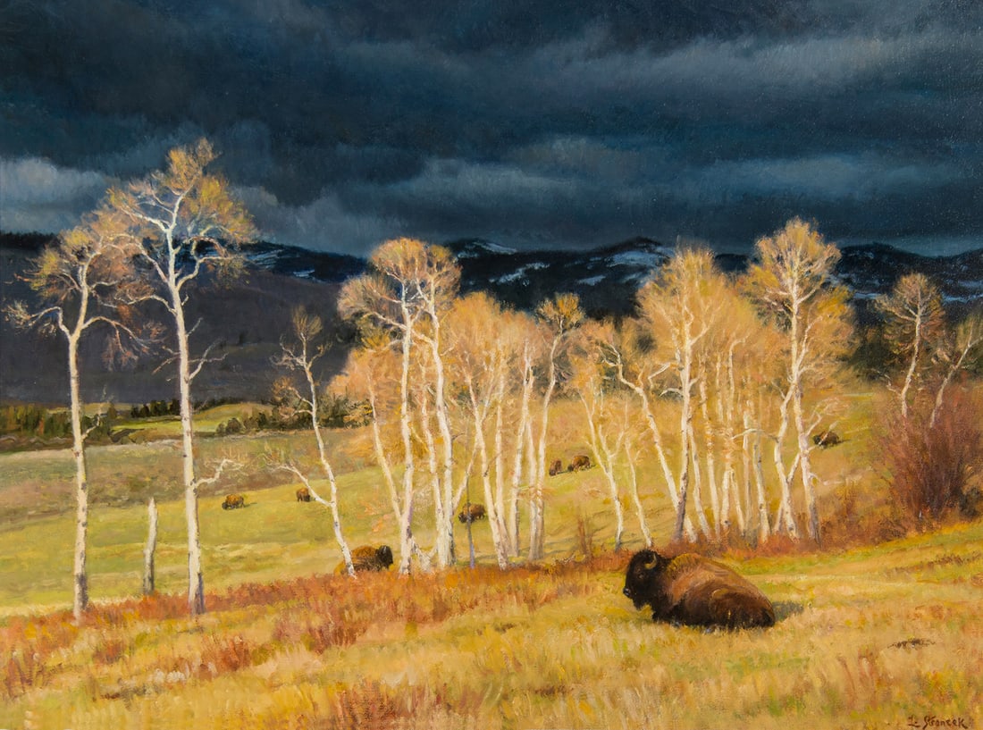 Lee Stroncek, "May Shower Gleam, Lamar Valley": Lee Stroncek (b. 1952), "May Shower Gleam, Lamar Valley", Oil on canvas, 18 x 24 inches, Shipping Dimensions: 25 x 31 x 3 inches Signed lower right Signed, titled, and dated 2003 verso