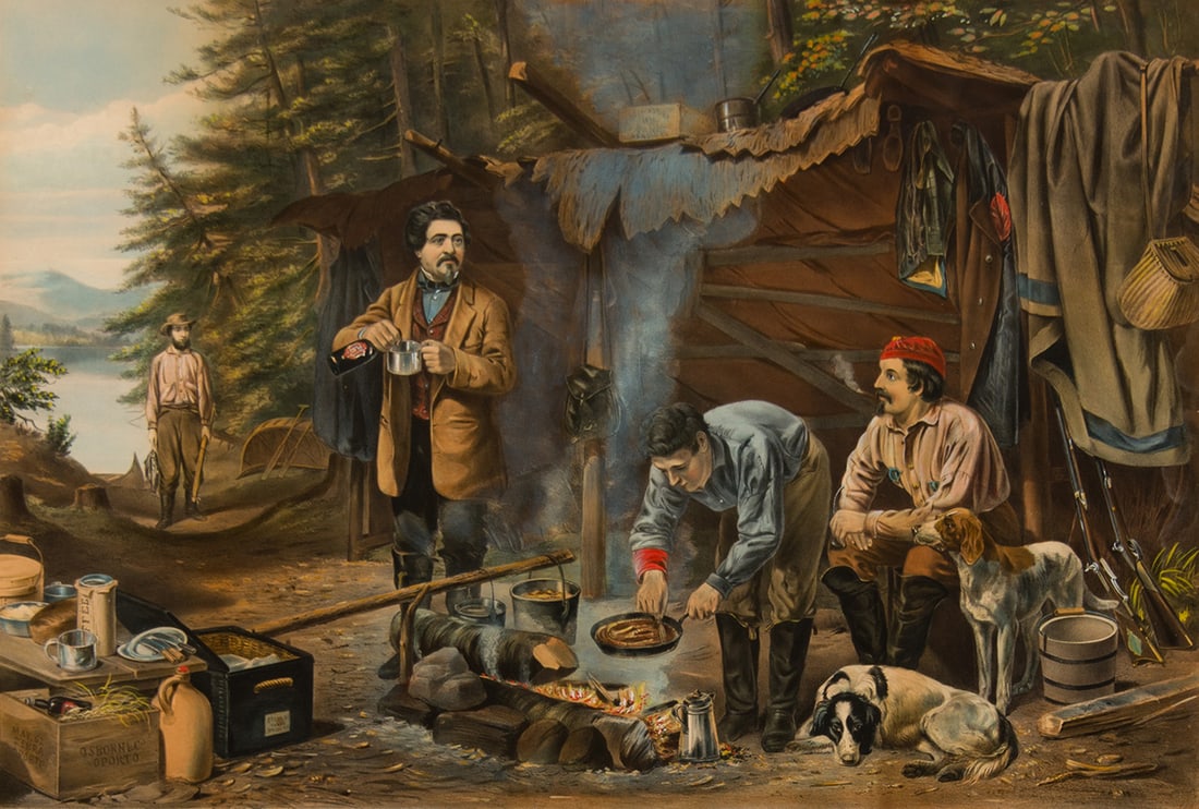 Currier and Ives, "Camping in the Woods: "A Good Time Coming"": Currier and Ives (1835-1907), "Camping in the Woods: "A Good Time Coming"", Hand-colored Lithograph, 18 1/2 x 27 1/2 inches, Shipping Dimensions: 31 x 40 x 3 inches "Painted by A.F. Tait" in lower-lef