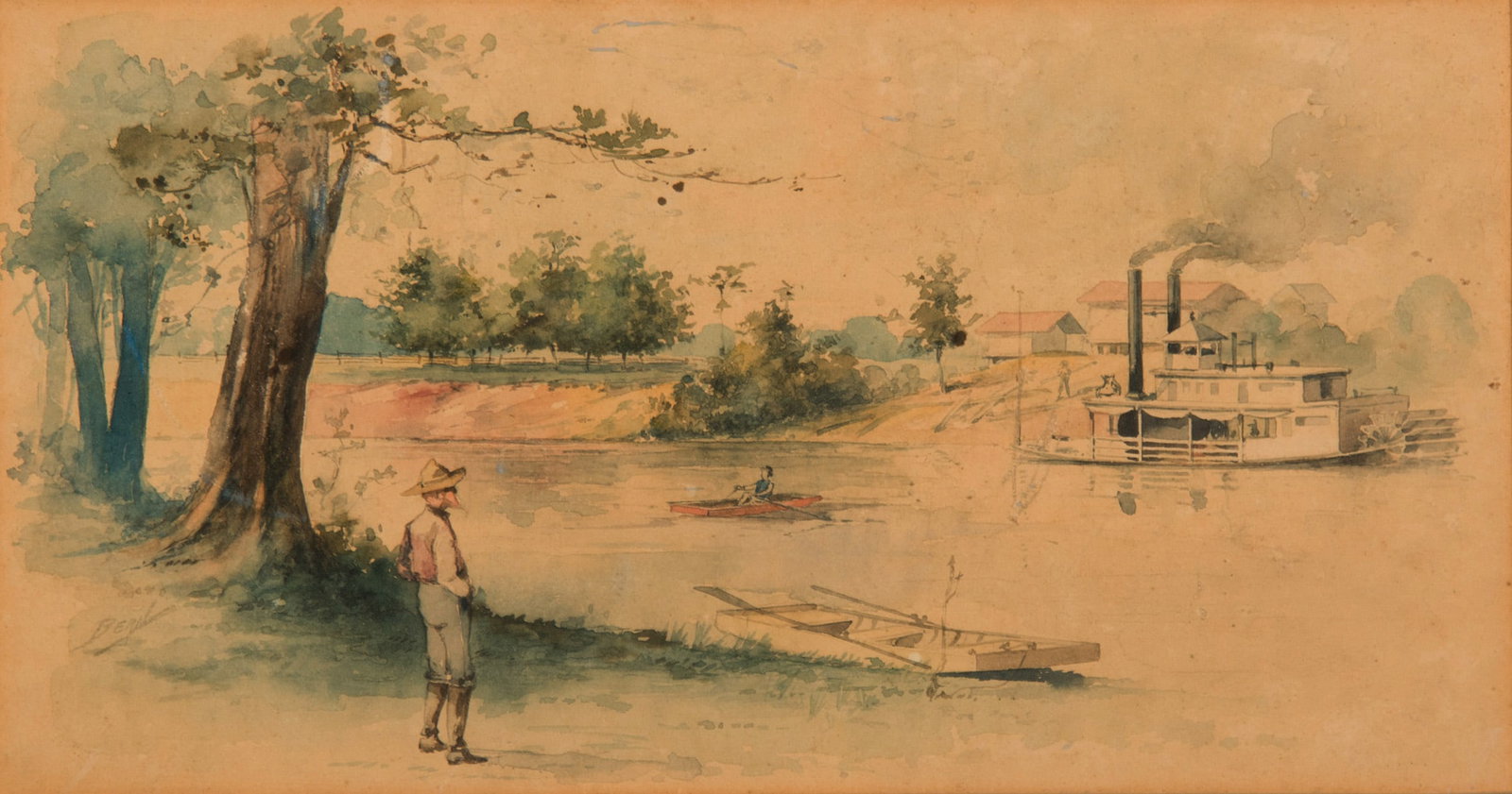 Oscar Berninghaus, "Sternwheeler": Oscar Berninghaus (1874-1952), "Sternwheeler", Watercolor, 6 x 12 inches, Shipping Dimensions: 14 x 18 x 3 inches Signed lower Left