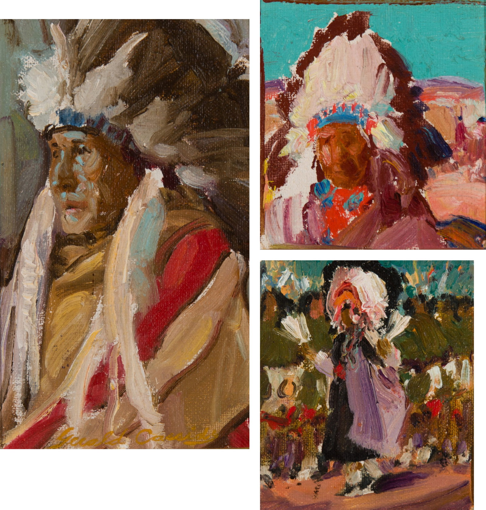 Gerald Cassidy, "Set of three (3): Indian Chief; Sun Dance; Indian in Headdress": Gerald Cassidy (1869-1934), "Set of three (3): Indian Chief; Sun Dance; Indian in Headdress", Oil on board, 8 3/4 x 5 inches; 4 x 4 1/2 (2), Shipping Dimensions: 15 x 12 inches; 10 x 9 inches (2) Indi