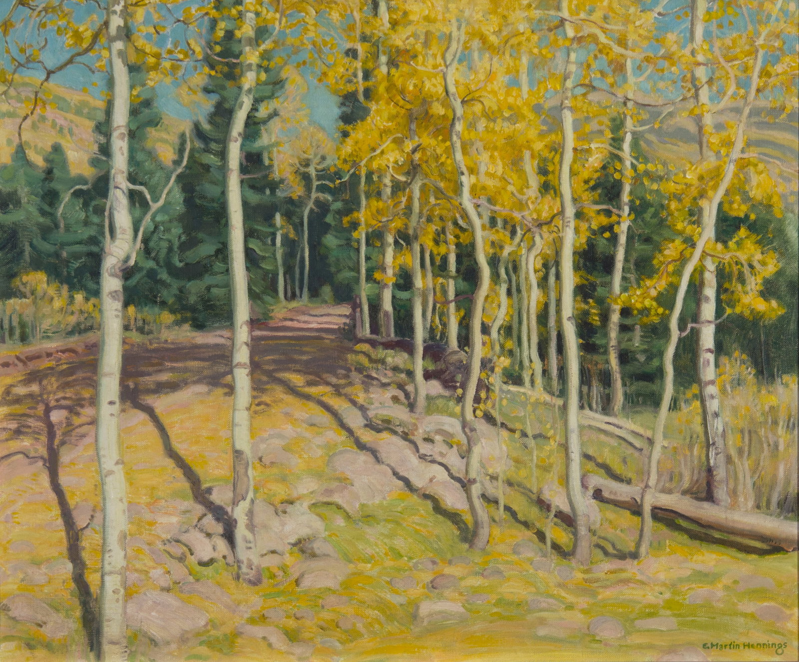 E. Martin Hennings, "Aspens": E. Martin Hennings (1886-1956), "Aspens", Oil on canvas, 20 x 24 inches, Shipping Dimensions: 26 x 30 x 3 inches Signed lower right