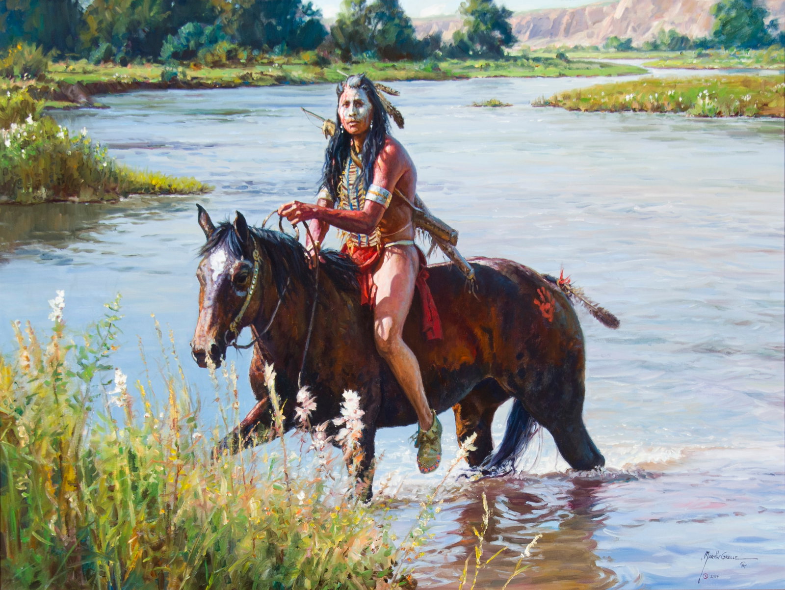 Martin Grelle, "Crossing the Greasy Grass": Martin Grelle (b. 1954), "Crossing the Greasy Grass", Oil on canvas, 30 x 40 inches, Shipping Dimensions: 41 x 51 x 3 inches Signed/CA and dated 2004 lower right