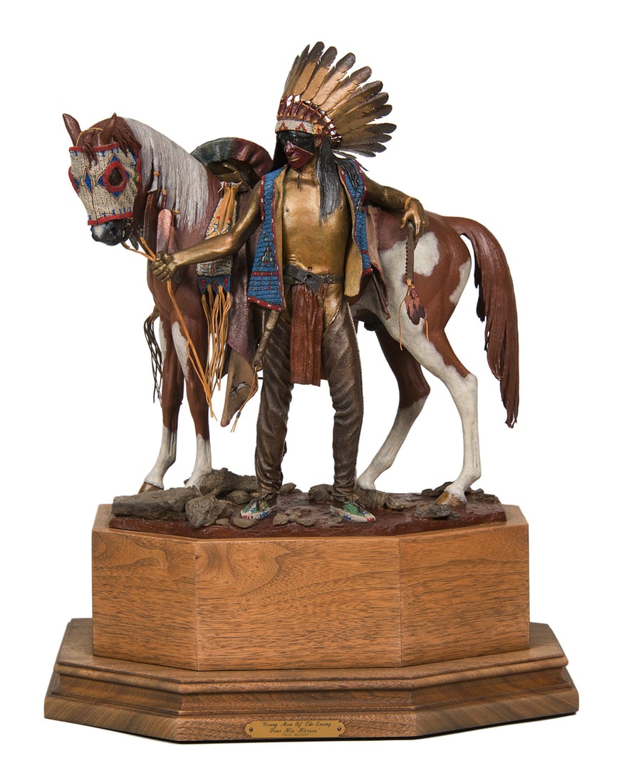 Dave McGary, "Young Men of the Enemy Fear His Horse": Dave McGary (1958-2013), "Young Men of the Enemy Fear His Horse", Bronze, cast 23/50, 21 inches overall height, Shipping Dimensions: 21 x 16.5 x 9.5 inches - 40 lbs. Signed, fingerprint, and dated 199