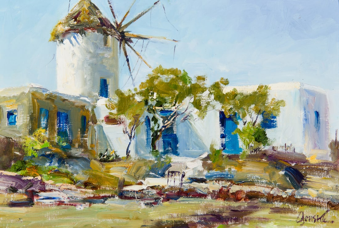 Walt Gonske, "Windmill on Mykonos - Greece": Walt Gonske (b. 1942), "Windmill on Mykonos - Greece", Oil on board, 13 x 19 inches, Shipping Dimensions: 19 x 25 x 3 inches Signed lower right Signed and titled verso