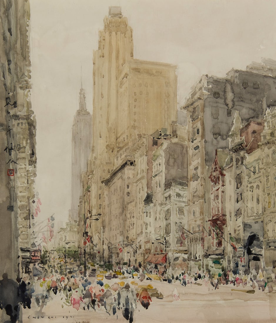 Chen Chi, "Fifth Avenue, New York": Chen Chi (1912-2005), "Fifth Avenue, New York", Watercolor, 22 x 19 inches, Shipping Dimensions: 30 x 27 x 3 inches Signed and dated 1971 lower Left