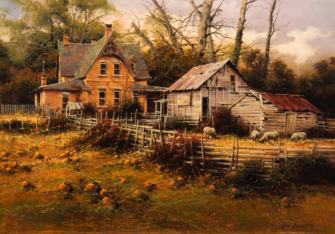 Bruce Cheever, "Untitled (Farmstead)": Bruce Cheever (b. 1958), "Untitled (Farmstead)", Oil on board, 22 x 32 inches, Shipping Dimensions: 31 x 40 x 3 inches Signed lower right
