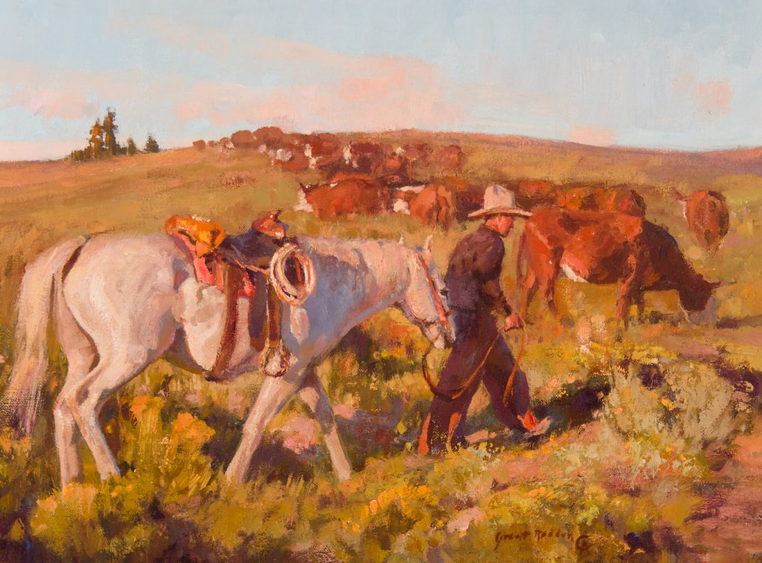 Grant Redden, "Following the Herd": Grant Redden (b. 1961), "Following the Herd", Oil on board, 12 x 16 inches, Shipping Dimensions: 19.5 x 23 x 3 inches Signed/CA lower right Signed/CA, titled, and dated 2015 verso Accompanied by: Gree