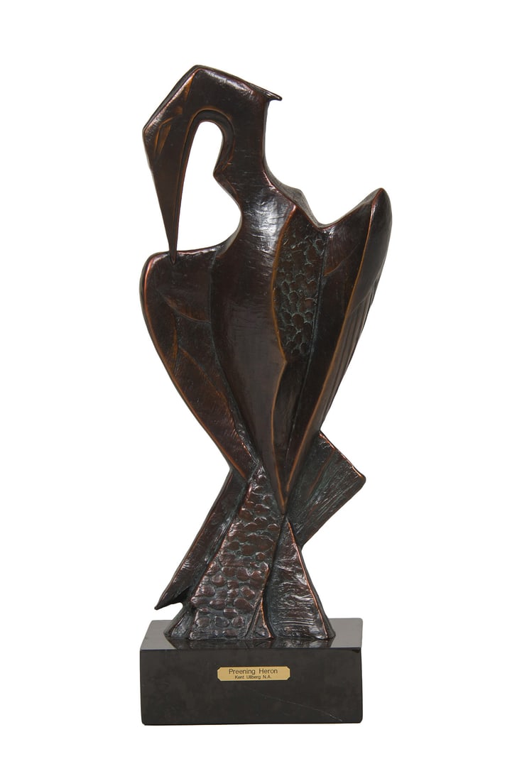 Kent Ullberg, "Preening Heron": Kent Ullberg (b. 1945), "Preening Heron", Bronze, cast 7/30, 18 inches overall height, Shipping Dimensions: 18 x 7 x 5 inches - 17 lbs. Signed