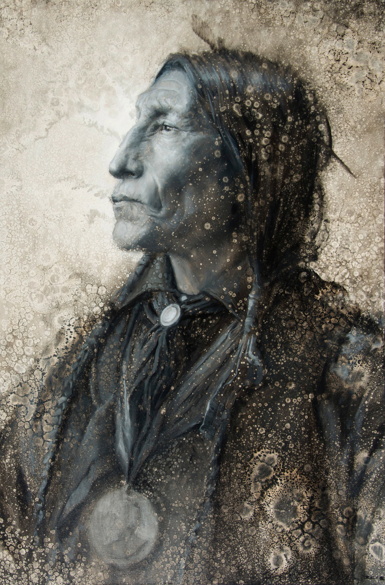 David Riley, "Medicine Man": David Riley (), "Medicine Man", Oil on canvas, 60 x 40 inches, Shipping Dimensions: 61 x 41 x 3 inches Signed lower right
