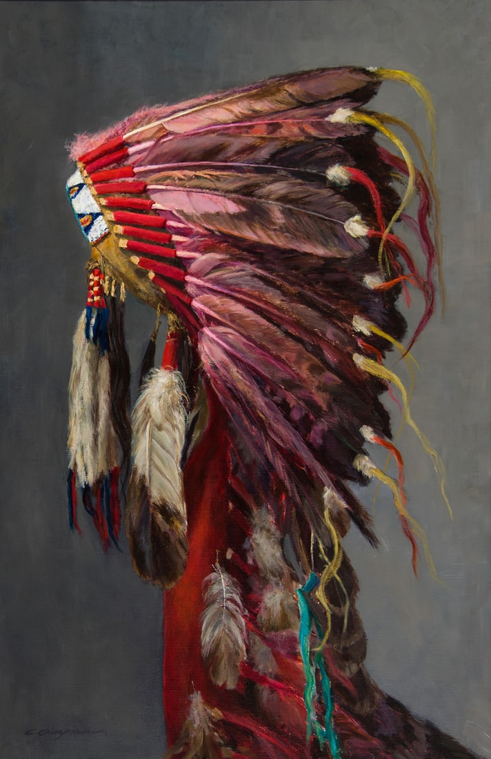 Carol Guzman, "Headdress of the Crow": Carol Guzman (b. 1951), "Headdress of the Crow", Oil on linen, 36 x 24 inches, Shipping Dimensions: 44 x 32 x 3 inches Signed lower left Signed and titled verso