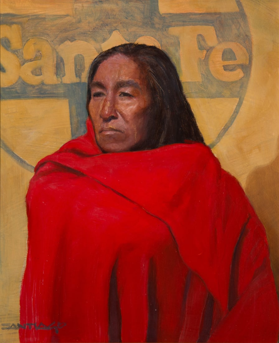 Roseta Santiago, "Santa Fe Visitor II": Roseta Santiago (b. 1946), "Santa Fe Visitor II", Oil on board, 12 x 10 inches, Shipping Dimensions: 13 x 11 x 3 inches Signed lower Left Signed and titled verso