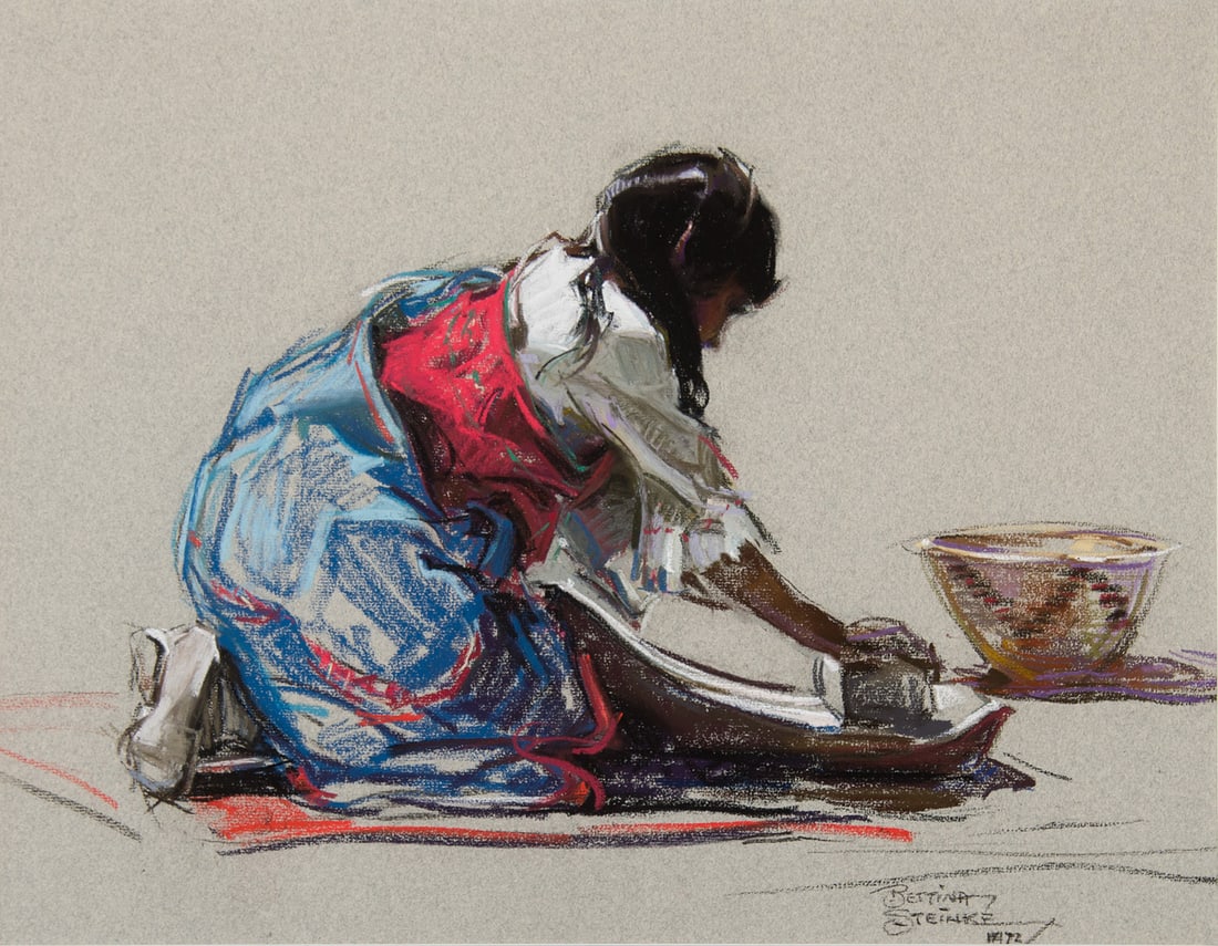 Bettina Steinke, "Ceremonial Corn Grinding (Santa Clara)": Bettina Steinke (1913-1999), "Ceremonial Corn Grinding (Santa Clara)", Pastel, 14 x 18 inches, Shipping Dimensions: 24 x 28 x 3 inches Signed and dated 1972 lower right