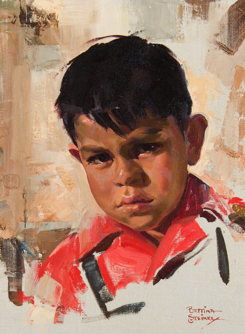 Bettina Steinke, "Taos Indian Child": Bettina Steinke (1913-1999), "Taos Indian Child", Oil on canvas, 16 x 12 inches, Shipping Dimensions: 23 x 19 x 3 inches Signed lower right
