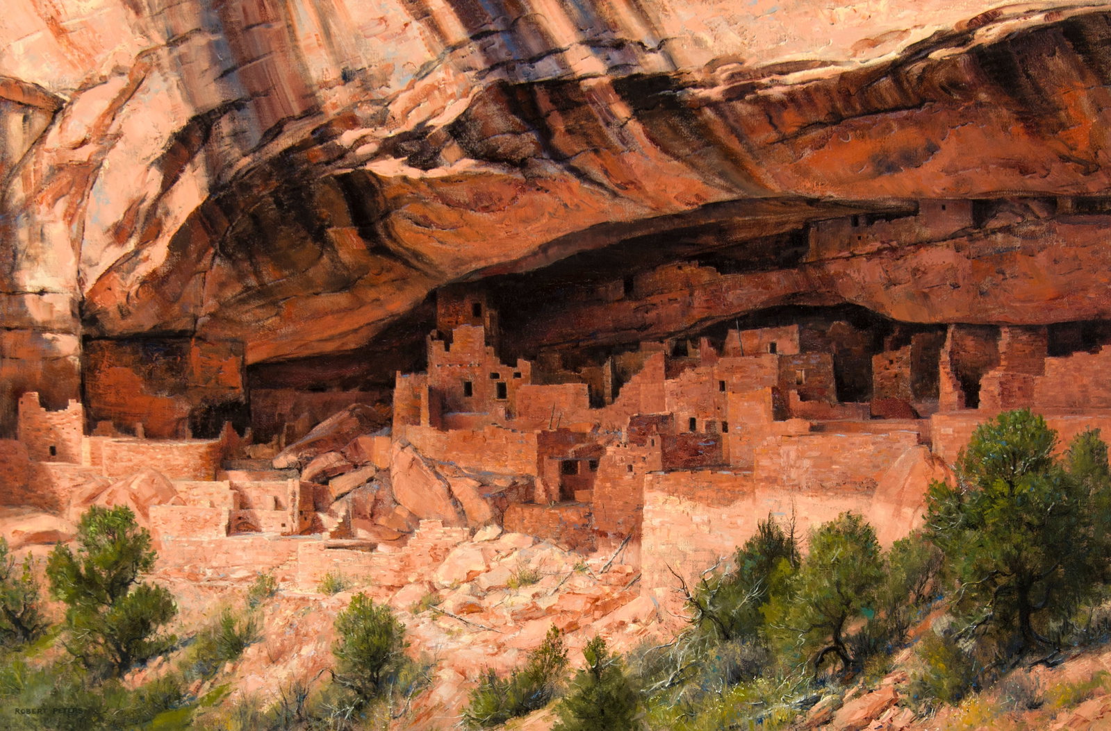 Robert Peters, "Palace of the Ancients, Mesa Verde": Robert Peters (b. 1960), "Palace of the Ancients, Mesa Verde", Oil on canvas, 28 x 42 inches, Shipping Dimensions: 37 x 52 inches (hand-painted frame) Signed lower Left