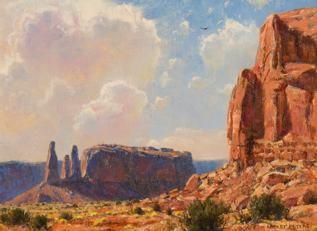 Robert Peters, "September Monument Valley": Robert Peters (b. 1960), "September Monument Valley", Oil on board, 9 x 12 inches, Shipping Dimensions: 13.5 x 16.5 x 3 inches Signed lower right Signed and titled verso