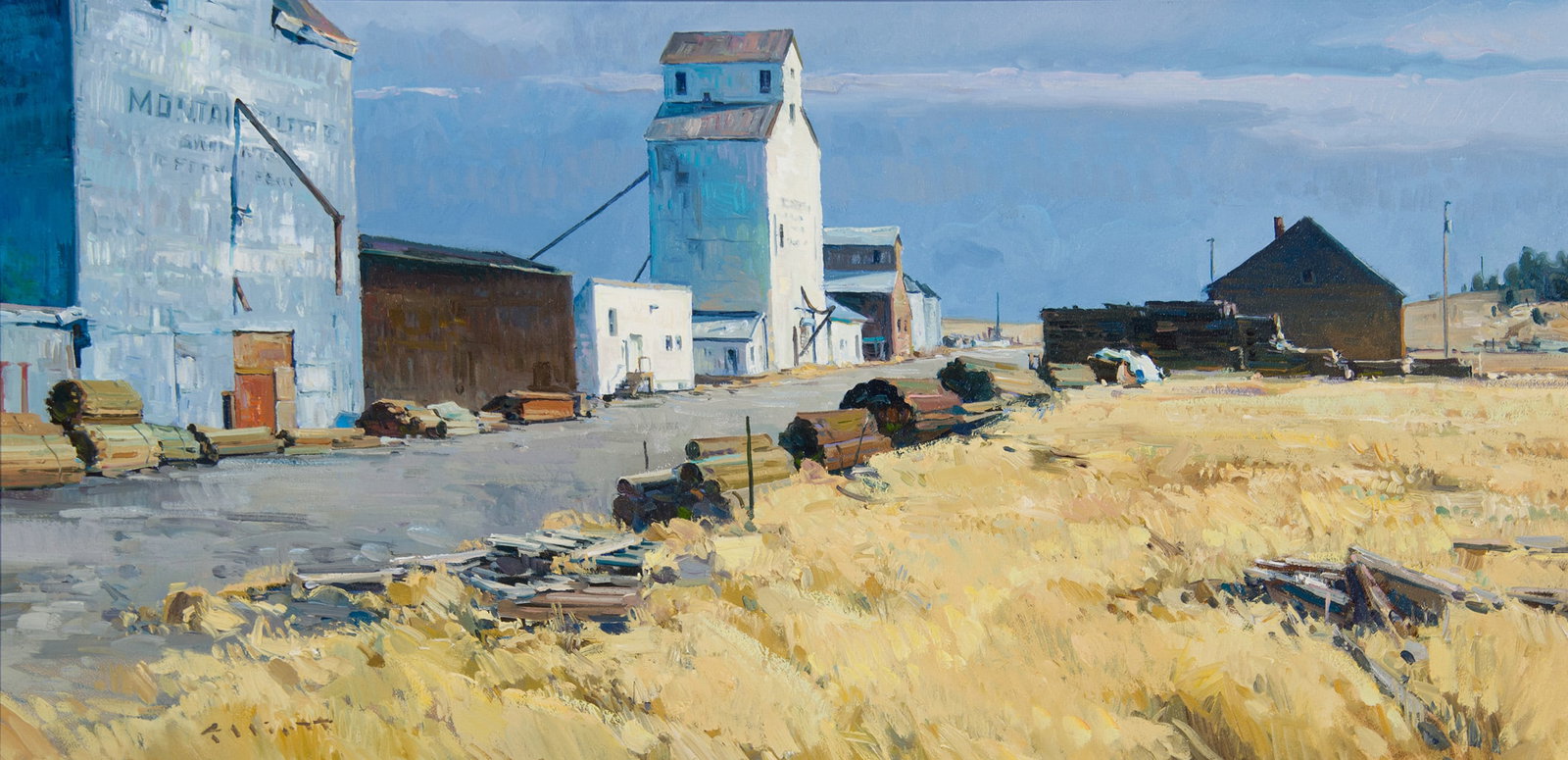 Josh Elliott, "Montana Elevators": Josh Elliott (b. 1973), "Montana Elevators", Oil on board, 15 x 30 inches, Shipping Dimensions: 22 x 37 x 3 inches Signed Lower Left Signed, titled, and dated 2007 verso
