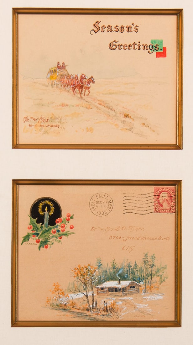 Olaf C. Seltzer, "Dr. and Mrs. B.O. Fisher Season Greetings Card (and envelope) ( 1933 )": Olaf C. Seltzer (1877-1957), "Dr. and Mrs. B.O. Fisher Season Greetings Card (and envelope) ( 1933 )", Watercolor and Gouache, Card: 4 1/2 x 5 1/2 inches; Envelope: 5 x 5 1/2 inches, Shipping Dimensio