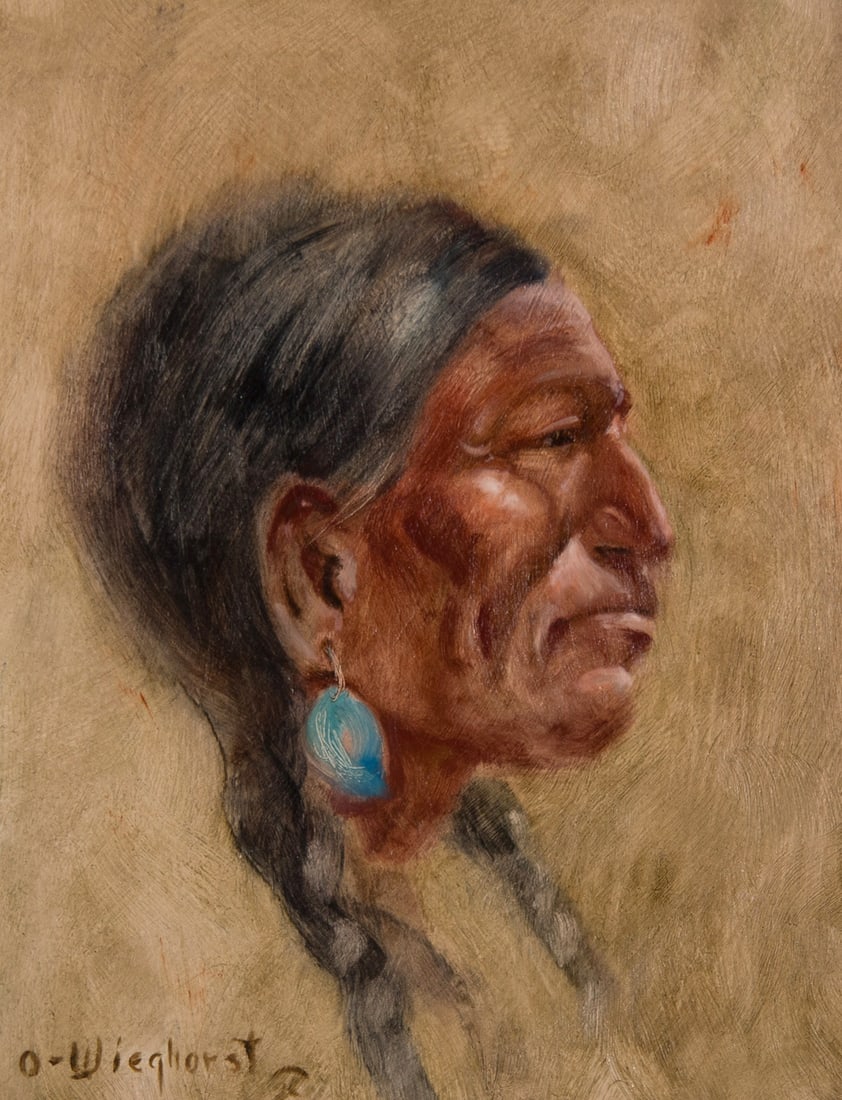 Olaf Wieghorst, "Crow Indian": Olaf Wieghorst (1899-1988), "Crow Indian", Oil on board, 10 x 8 inches, Shipping Dimensions: 19 x 17 x 3 inches Signed lower left Signed and titled verso
