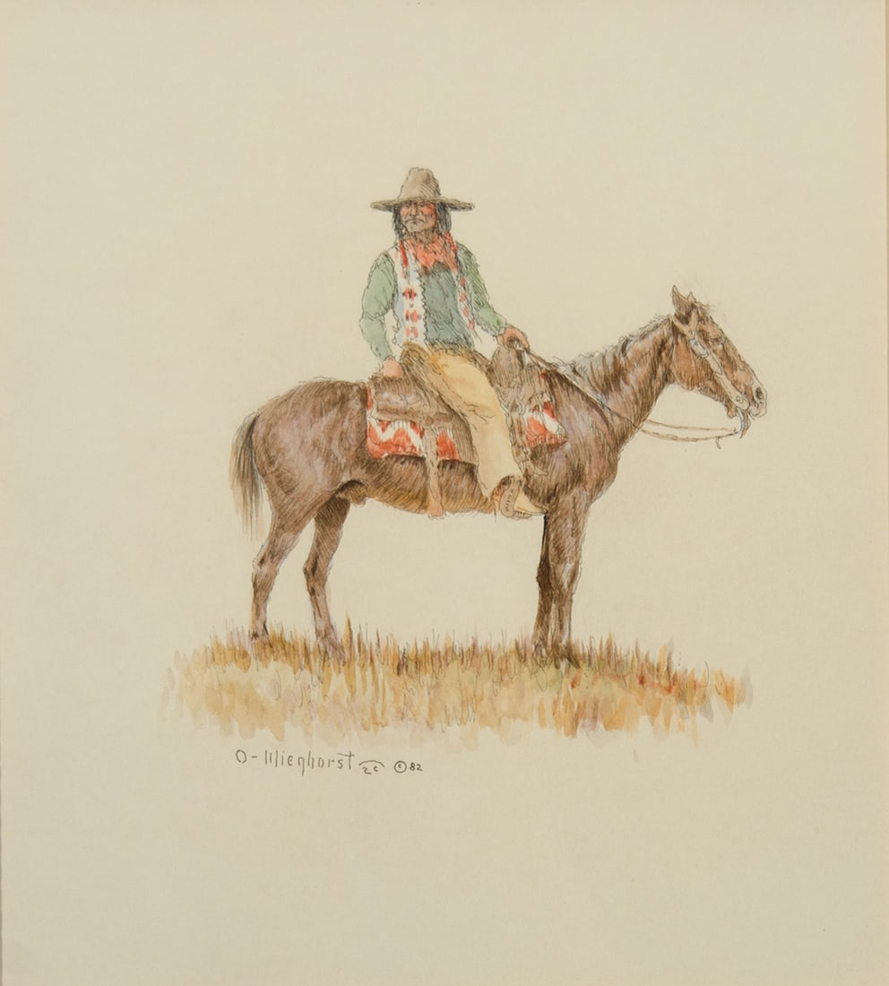 Olaf Wieghorst, "Apache Scout": Olaf Wieghorst (1899-1988), "Apache Scout", Watercolor, 10 1/2 x 9 1/2 inches, Shipping Dimensions: 21 x 21 x 3 inches Signed and dated 82 lower Left