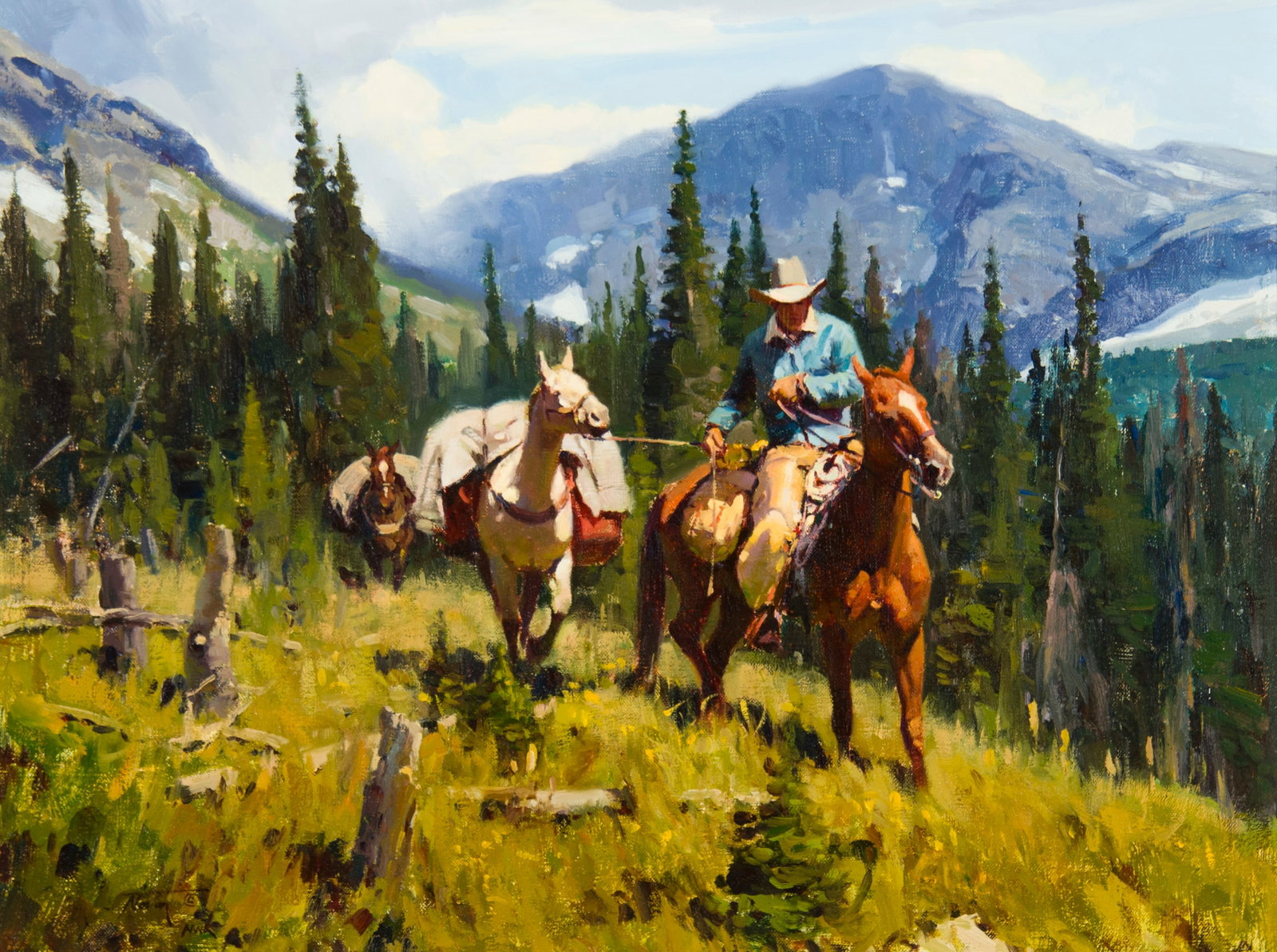 Jim Norton, "Packing in the Rockies": Jim Norton (1953-2023), "Packing in the Rockies", Oil on canvas, 18 x 24 inches, Shipping Dimensions: 27 x 32 x 3 inches Signed NWR lower left Signed, titled, and dated 1989 verso